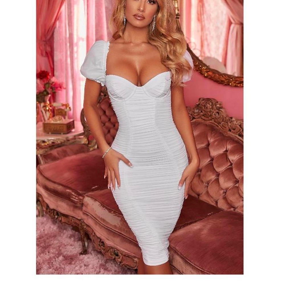 Oh Polly White Ruched Midi Dress
